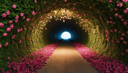 3d render of a tunnel with pink roses and light at the endの素材