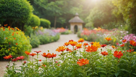 Beautiful flower garden with gazebo in the background.の素材