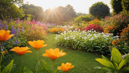 beautiful flower garden in the morning with sun light, nature backgroundの素材