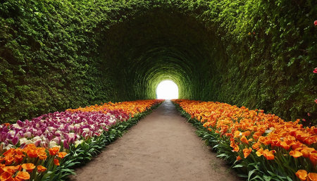Tulip tunnel in the garden. 3D render. Tulip field.の素材