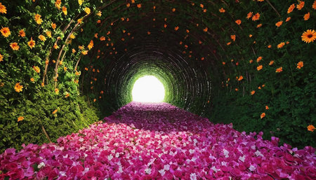garden tunnel with flower petals and light at the end.の素材