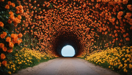 A tunnel of orange flowers. 3d rendering, 3d illustration.の素材