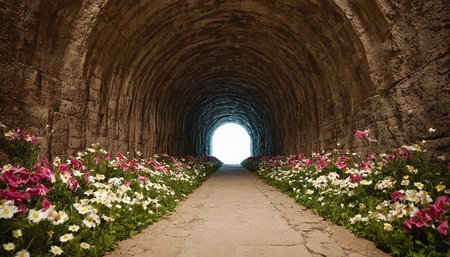 Panoramic view of a tunnel with flowers in the foreground.の素材