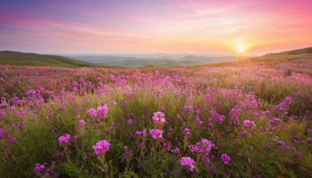 Beautiful sunset in the mountains. Colorful summer landscape with pink flowers.の素材