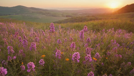 Sunset in the Tuscany, Italy. Blooming wild flowers on the hills.の素材