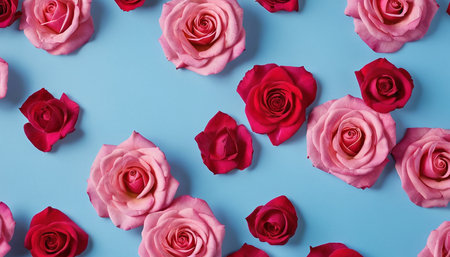 Flowers composition. Pattern made of pink roses on blue background. Flat lay, top view, copy spaceの素材