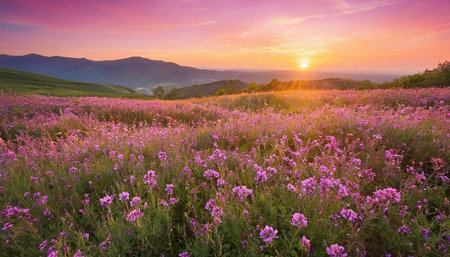 Sunset over a meadow with pink flowers in the mountains.の素材