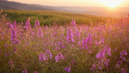 Sunset on a meadow with wildflowers in summer.の素材