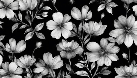 Flower pattern. Black and white flowers on a black background.の素材