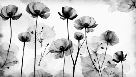 Black and white poppies on a white background. Watercolor illustrationの素材