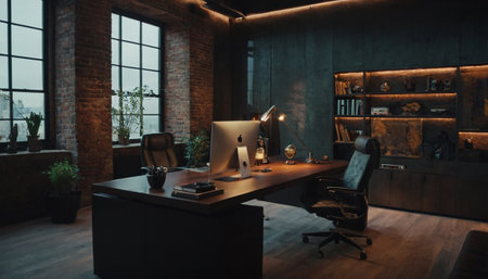 Interior of loft office with wooden walls, concrete floor and black computer table. 3d renderの素材