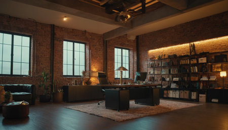 Interior of a loft apartment with brick walls and wooden floor.の素材