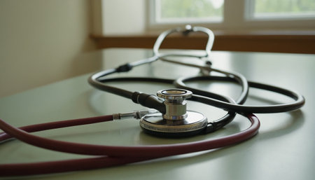 Stethoscope on table in hospital room. Medical and healthcare concept.の素材