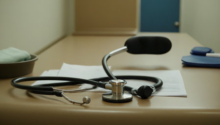 Stethoscope on a table in a doctor's office, close-upの素材