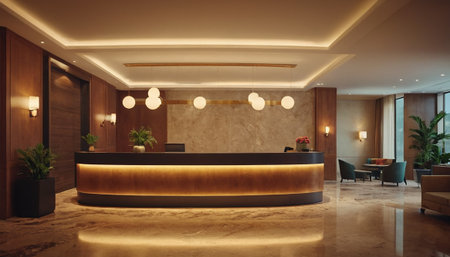 Interior of a hotel lobby with reception desk. 3d renderingの素材