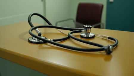 Stethoscope on a desk in a hospital, shallow depth of fieldの素材