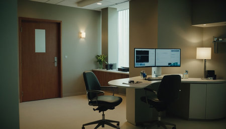 Modern office interior. Workplace with computers and equipment. Nobody insideの素材