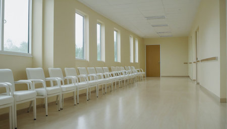 interior of a hospital with white chairs and empty space for textの素材