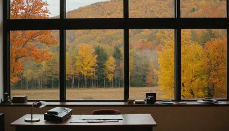 Working place in a modern office with a large window overlooking the autumn forestの素材