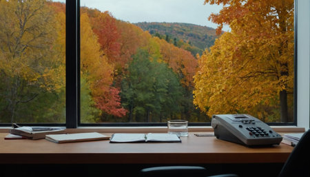 Office table with laptop and phone on background of autumn forest. View from windowの素材