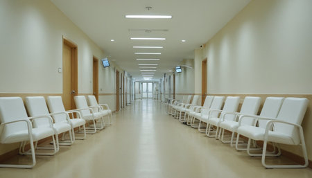 interior of a hospital corridor with white chairs, shallow depth of fieldの素材