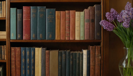 Old books in a bookcase with a vase of lilacの素材