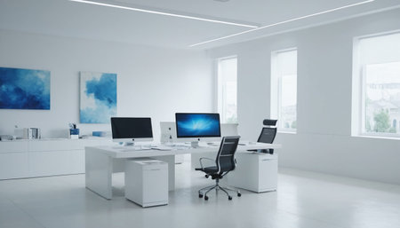 Modern white office interior with computers on desks. 3d rendering mock upの素材