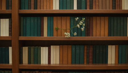 Bookshelf with books and flowers in the interior of the libraryの素材