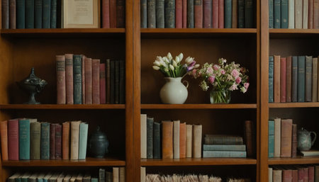 Bookshelf with books and vase of flowers in a libraryの素材