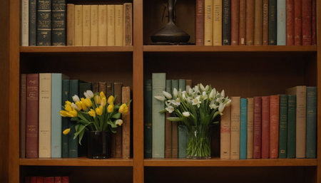 Bouquet of tulips and books on the bookshelfの素材