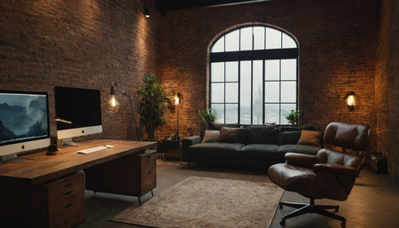 Interior of modern loft living room with brick walls, concrete floor, comfortable brown leather sofas and computer monitors. 3d renderingの素材