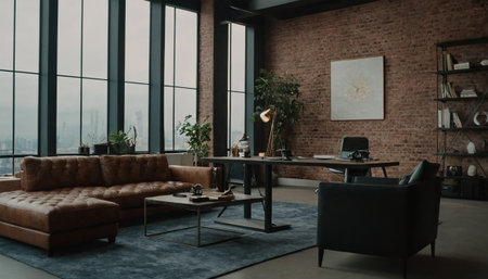 Modern living room interior with brown leather sofa, coffee table, bookshelf and window with city viewの素材