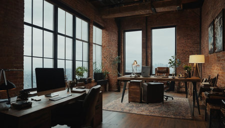 Modern loft office interior with brick walls, concrete floor, panoramic windows and wooden furniture.の素材