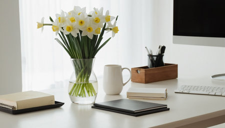 Close up view of modern workplace with blank computer screen, stationery and bouquet of daffodils. Mock upの素材