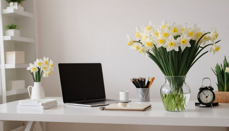 Modern workplace with laptop and bouquet of daffodils on tableの素材