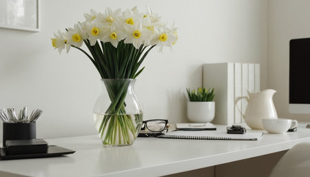 White daffodils in a vase on a white tableの素材