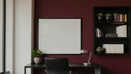 Interior of modern living room with dark red walls, wooden floor, black armchair, bookshelf and mock up poster. 3d renderingの素材