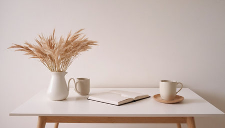 Cozy home office desk with book, coffee cup and pampas grass.の素材