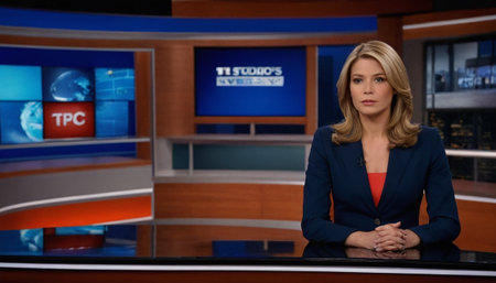 Portrait of a beautiful businesswoman in front of TV at nightの素材