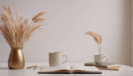 Coffee cup, books and pampas grass on white tableの素材