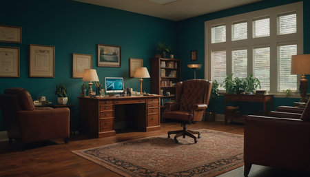 Interior of a modern office with armchairs and a computer.の素材