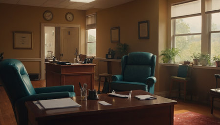 Interior of a barber shop with blue armchair and chairの素材