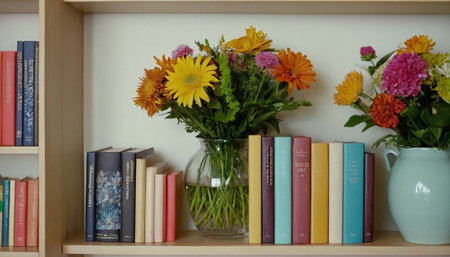 Bookshelves with colorful flowers in vase and bookshelvesの素材