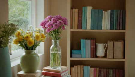 Vase with flowers and books on shelf in living room at homeの素材