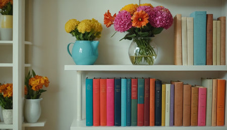 Bookshelves with flowers and books in living room at home.の素材