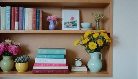Books and flowers on a shelf in the living room, stock photoの素材