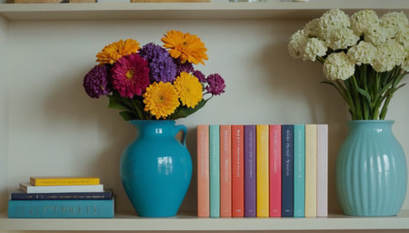 Colorful flowers in vase on bookshelf with books.の素材