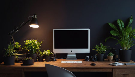 Workplace with computer, keyboard, mouse and plant on wooden deskの素材
