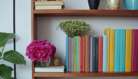 Bookshelf with books and flowers in living room, stock photoの素材