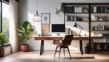 Modern home office interior with wooden desk, computer and plants. 3D Renderingの素材